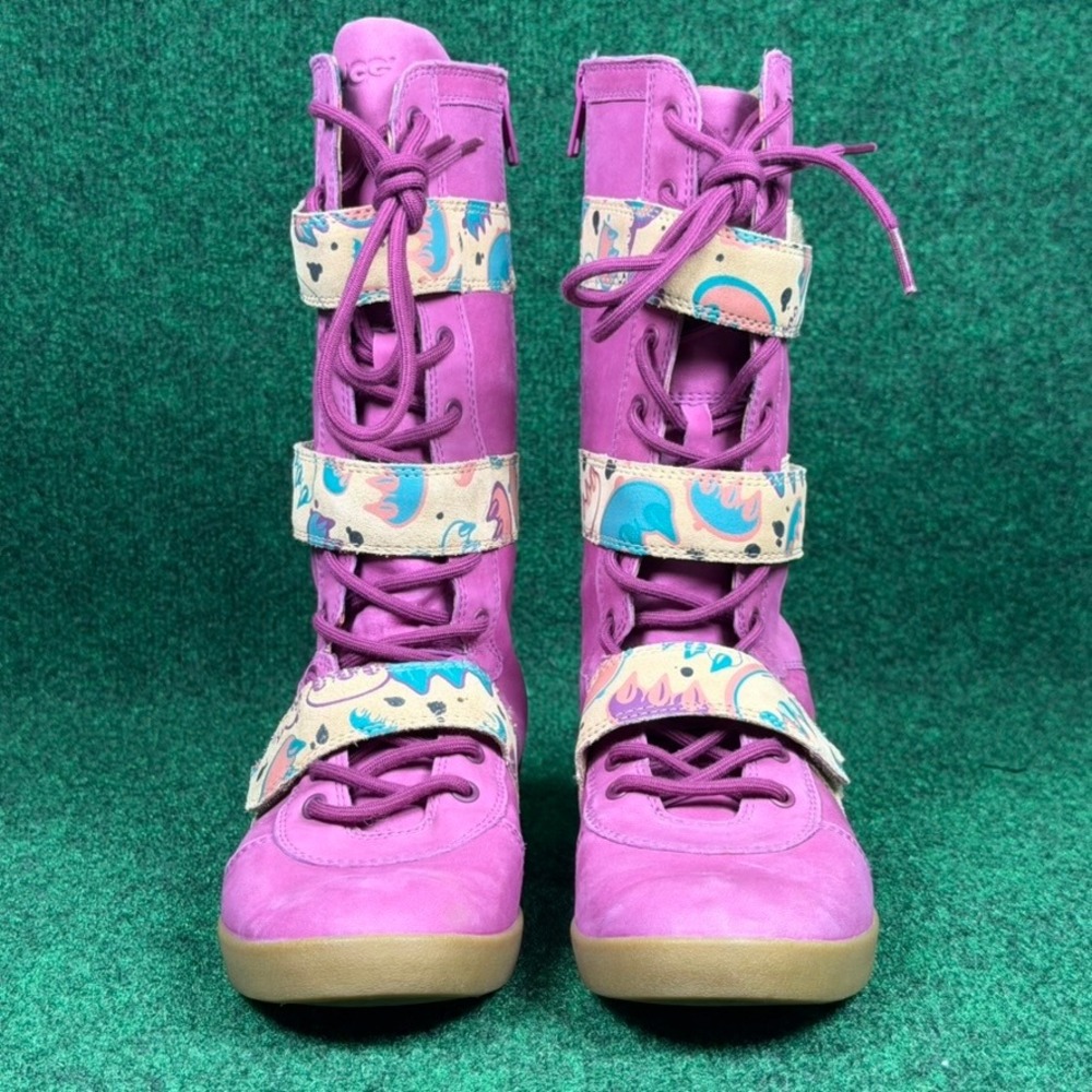 UGG Johnna Graffiti Sugar Plum Tall Boots Graphic Straps Women 7 Leather Lace Up - Picture 4 of 10